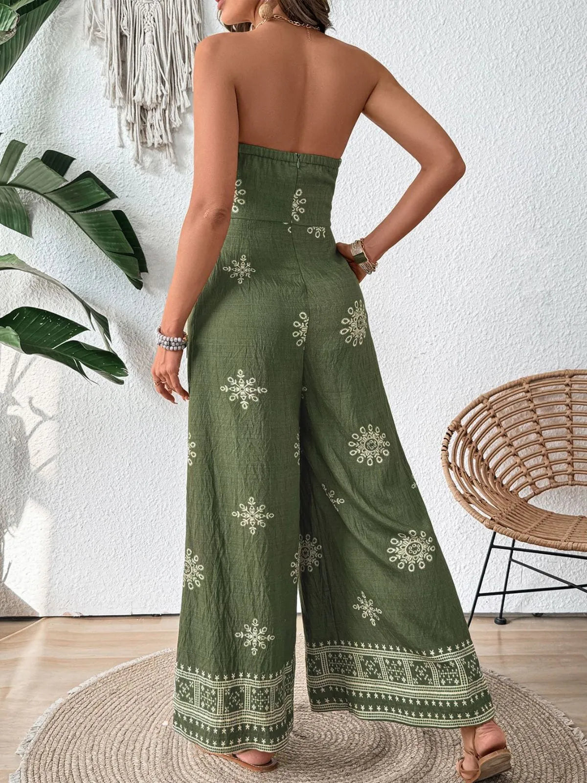 Vacation Geometric Lace-up Strapless High Rise Jumpsuits