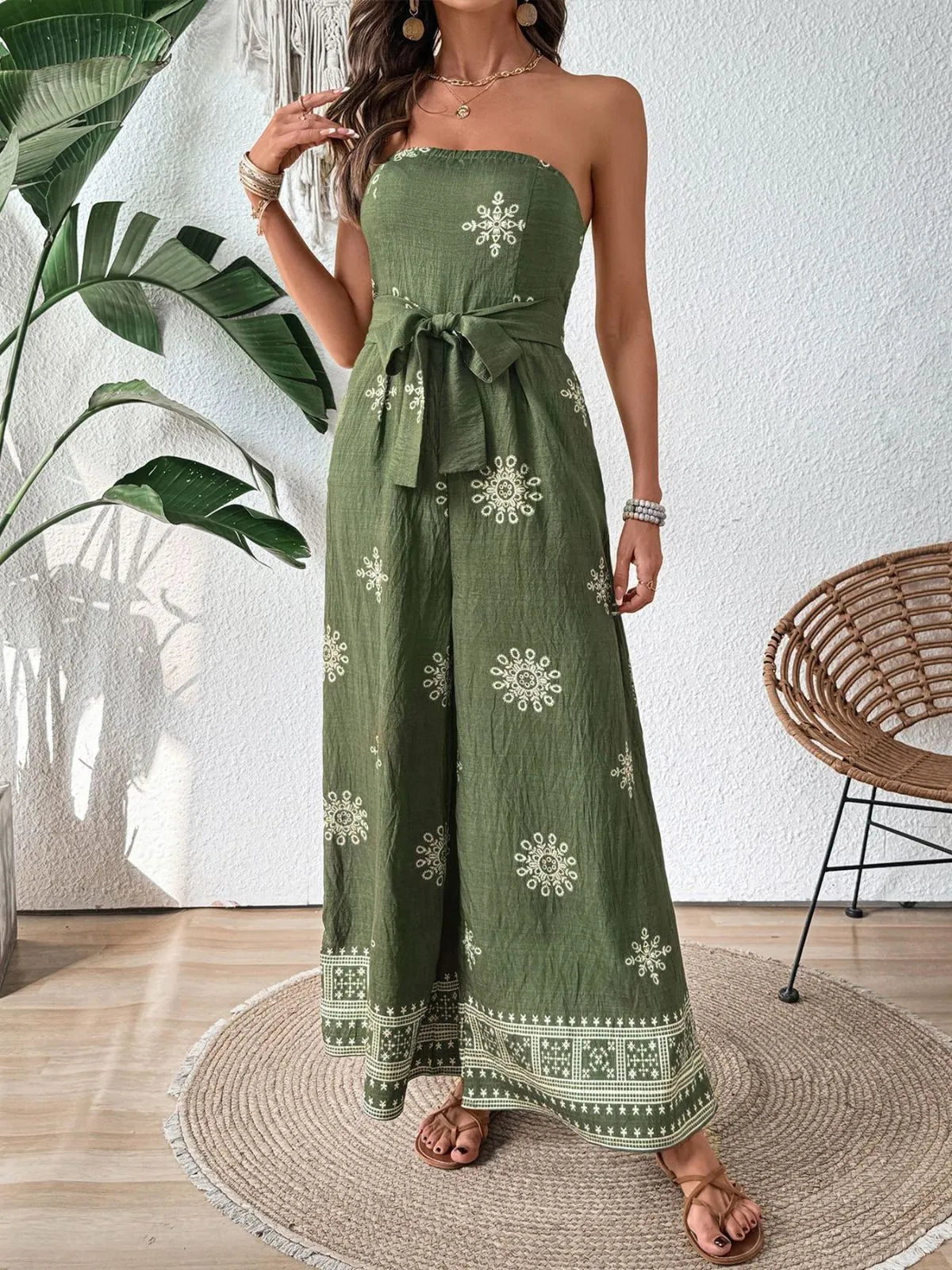 Vacation Geometric Lace-up Strapless High Rise Jumpsuits