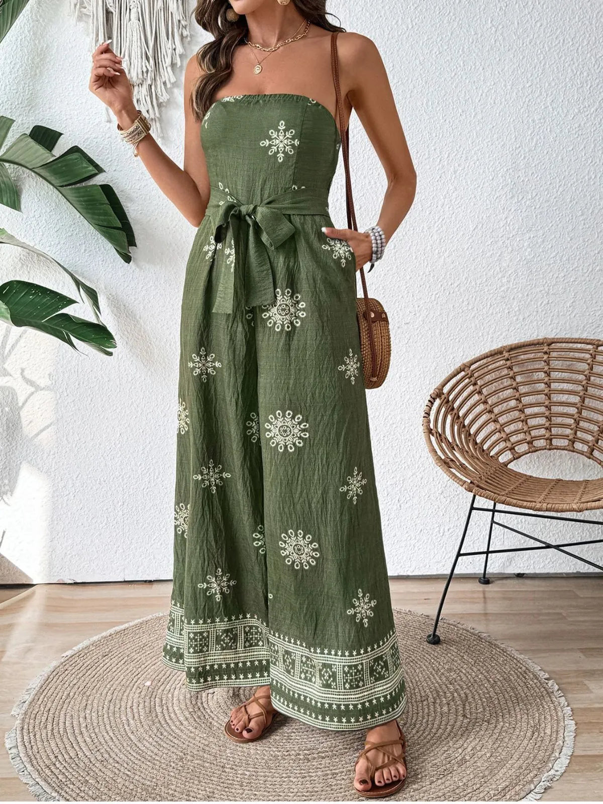 Vacation Geometric Lace-up Strapless High Rise Jumpsuits
