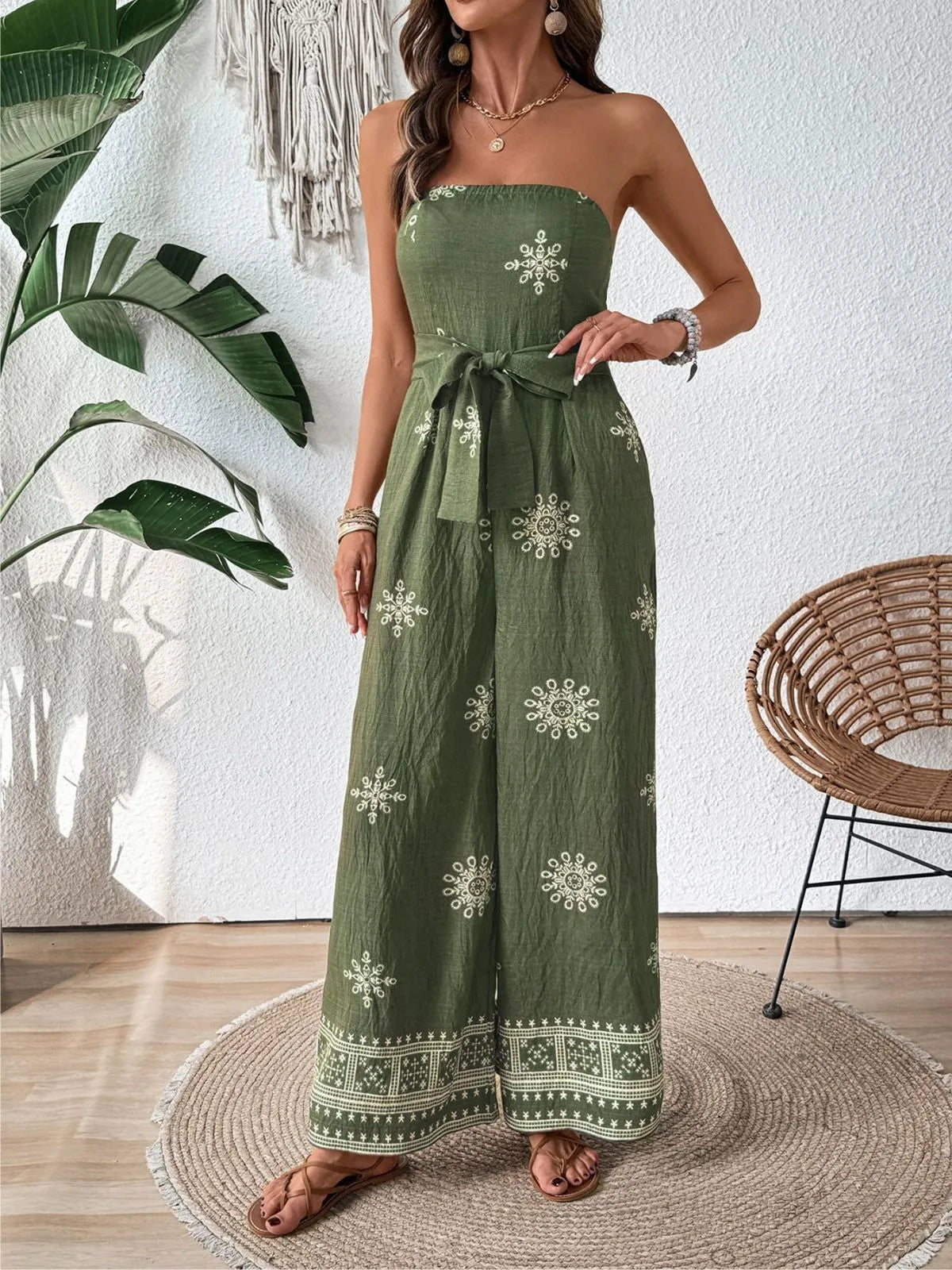 Vacation Geometric Lace-up Strapless High Rise Jumpsuits