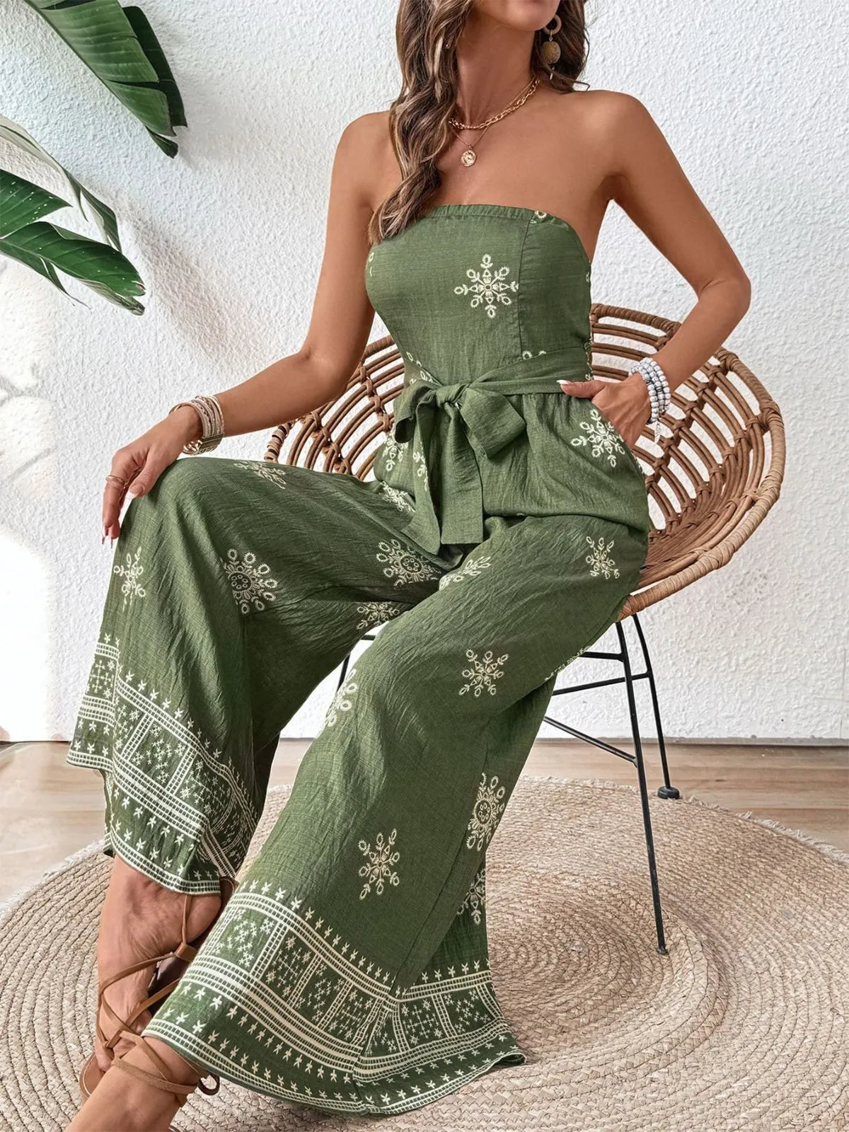 Vacation Geometric Lace-up Strapless High Rise Jumpsuits
