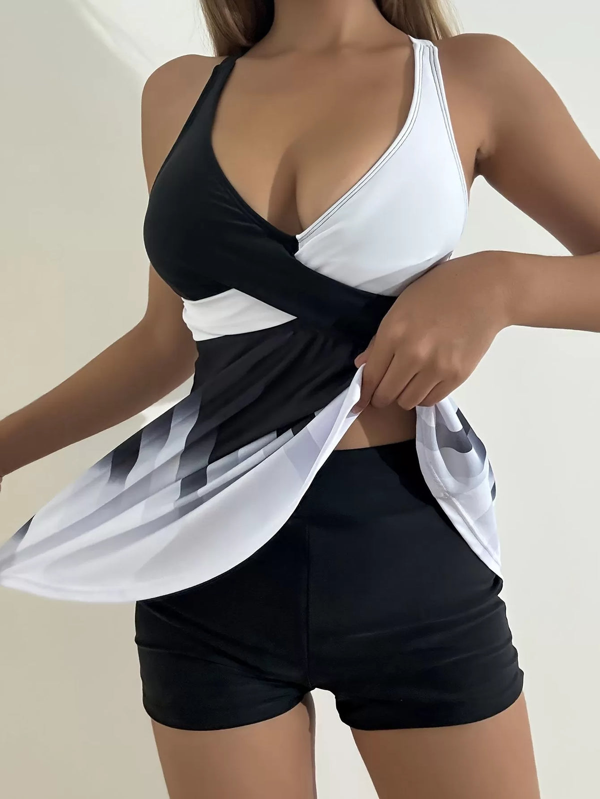 Geometric Pleated Spaghetti Strap Fabric Tankini
