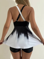 Geometric Pleated Spaghetti Strap Fabric Tankini