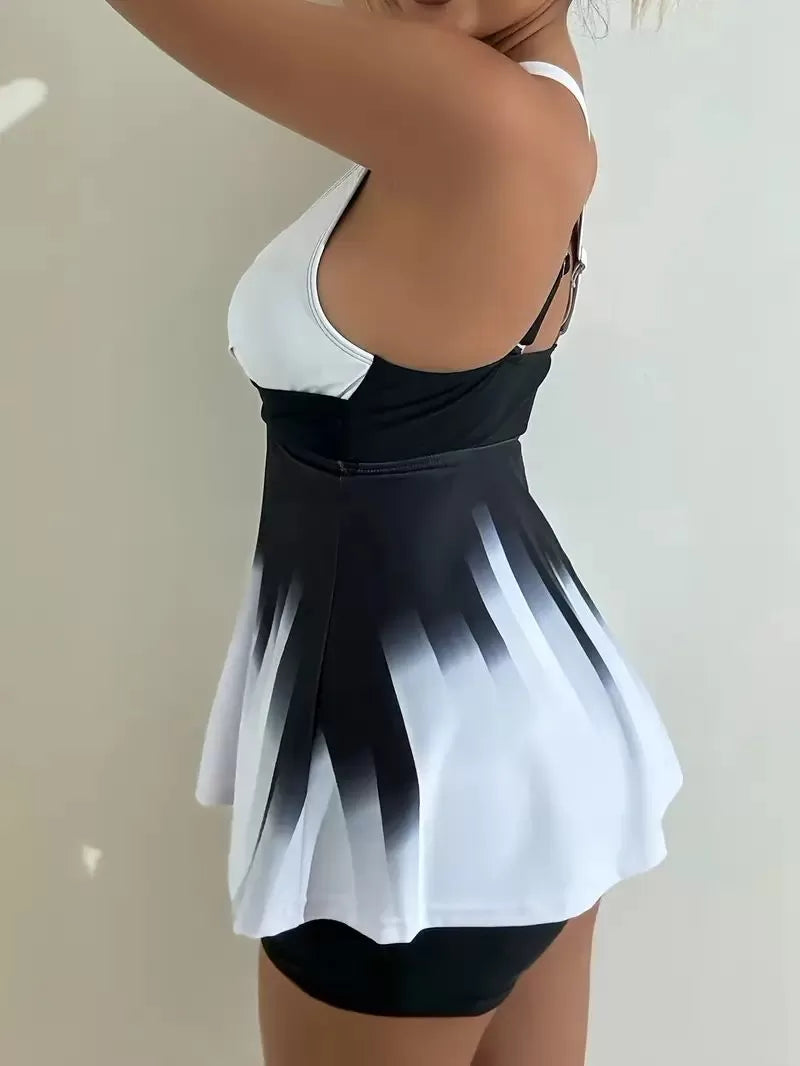 Geometric Pleated Spaghetti Strap Fabric Tankini