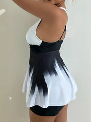 Geometric Pleated Spaghetti Strap Fabric Tankini