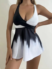 Geometric Pleated Spaghetti Strap Fabric Tankini