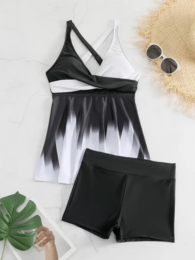 Geometric Pleated Spaghetti Strap Fabric Tankini