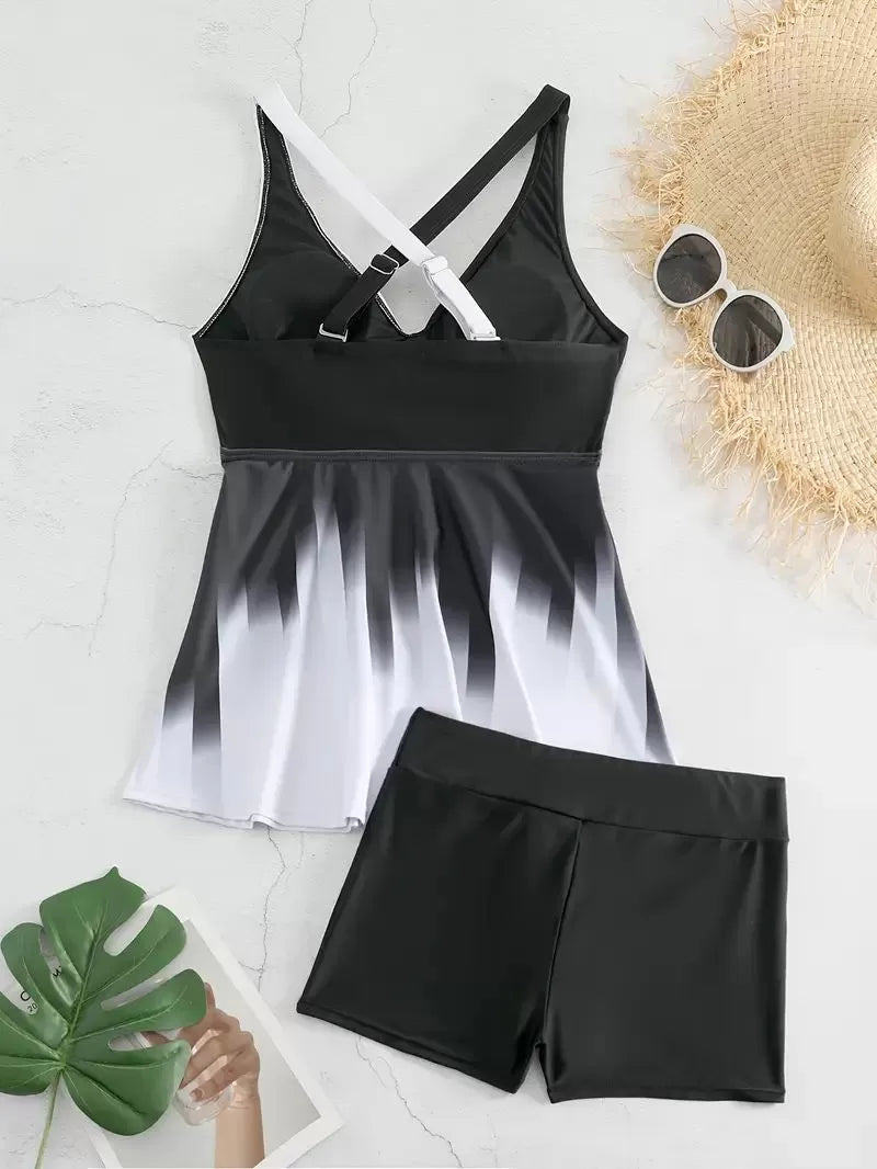 Geometric Pleated Spaghetti Strap Fabric Tankini