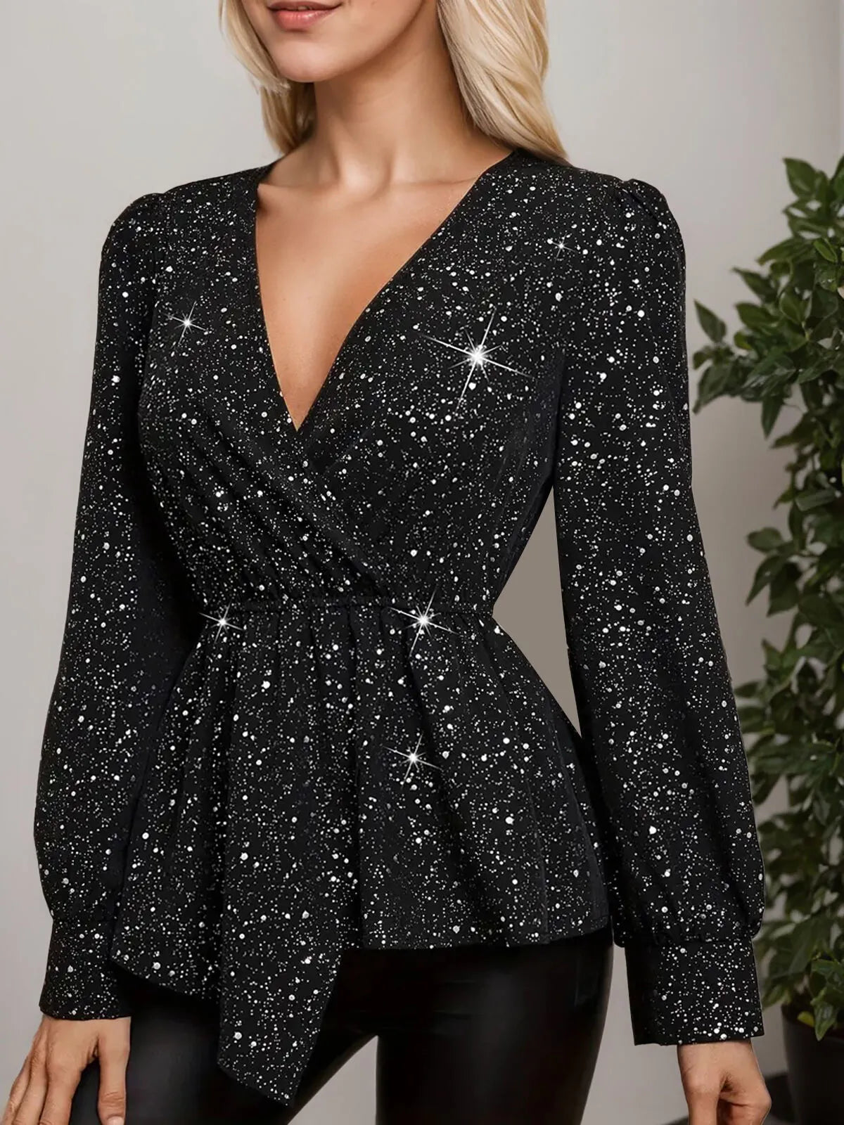 Geometric Sequins Surplice Puff Long Sleeve Blouse