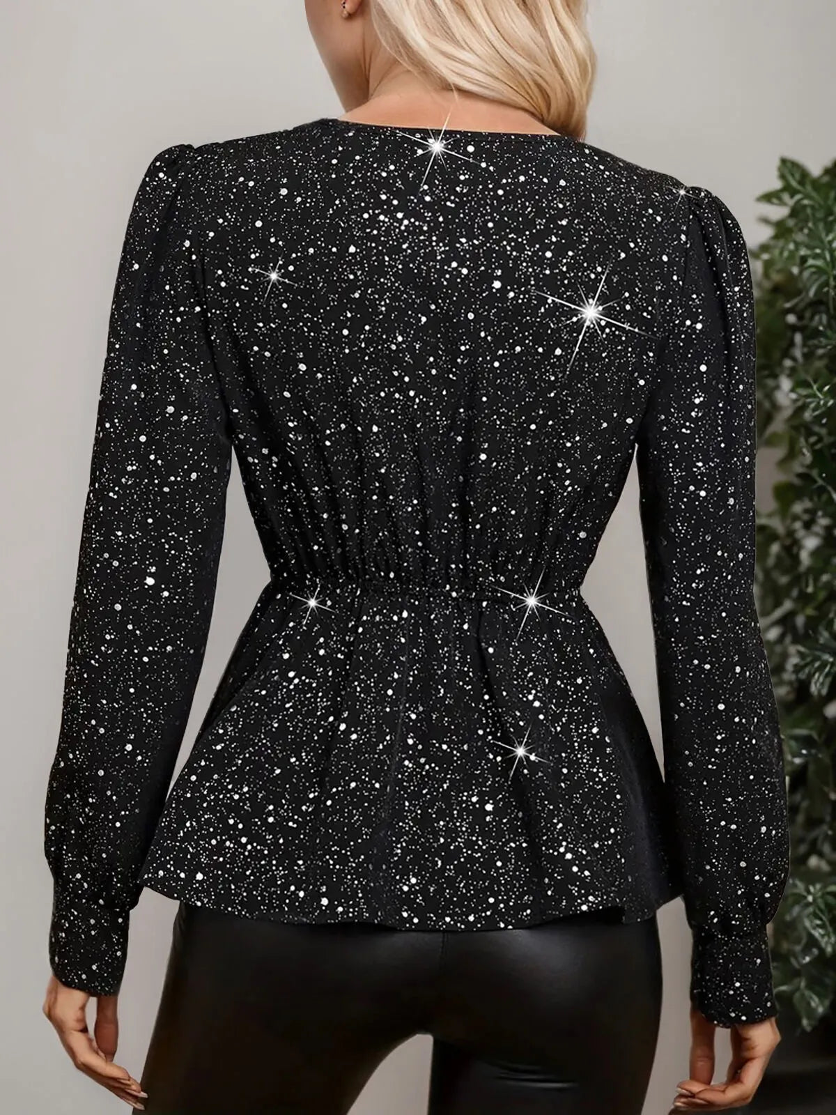 Geometric Sequins Surplice Puff Long Sleeve Blouse