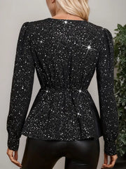 Geometric Sequins Surplice Puff Long Sleeve Blouse