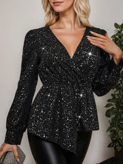 Geometric Sequins Surplice Puff Long Sleeve Blouse
