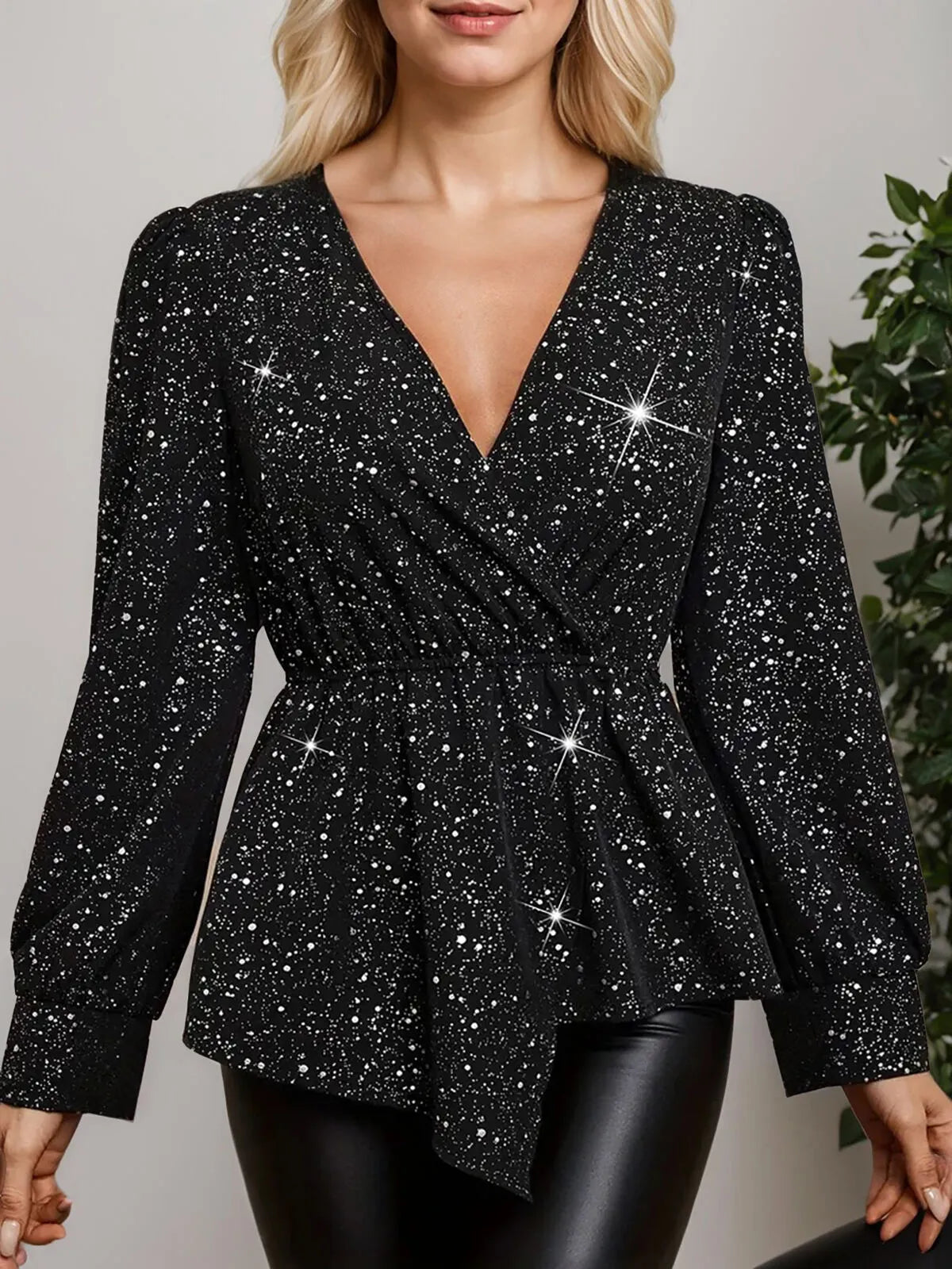 Geometric Sequins Surplice Puff Long Sleeve Blouse