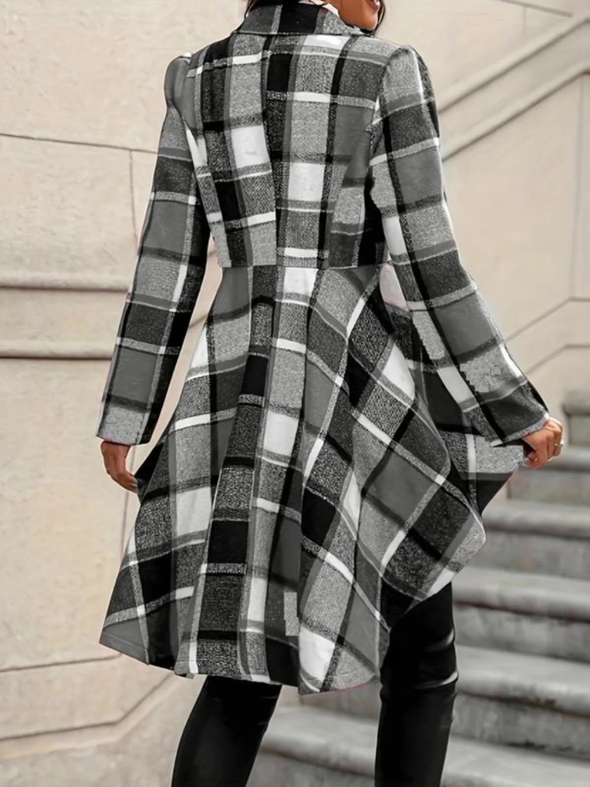 Gingham Plaid Asymmetrical Lapel High Low Hem Coat