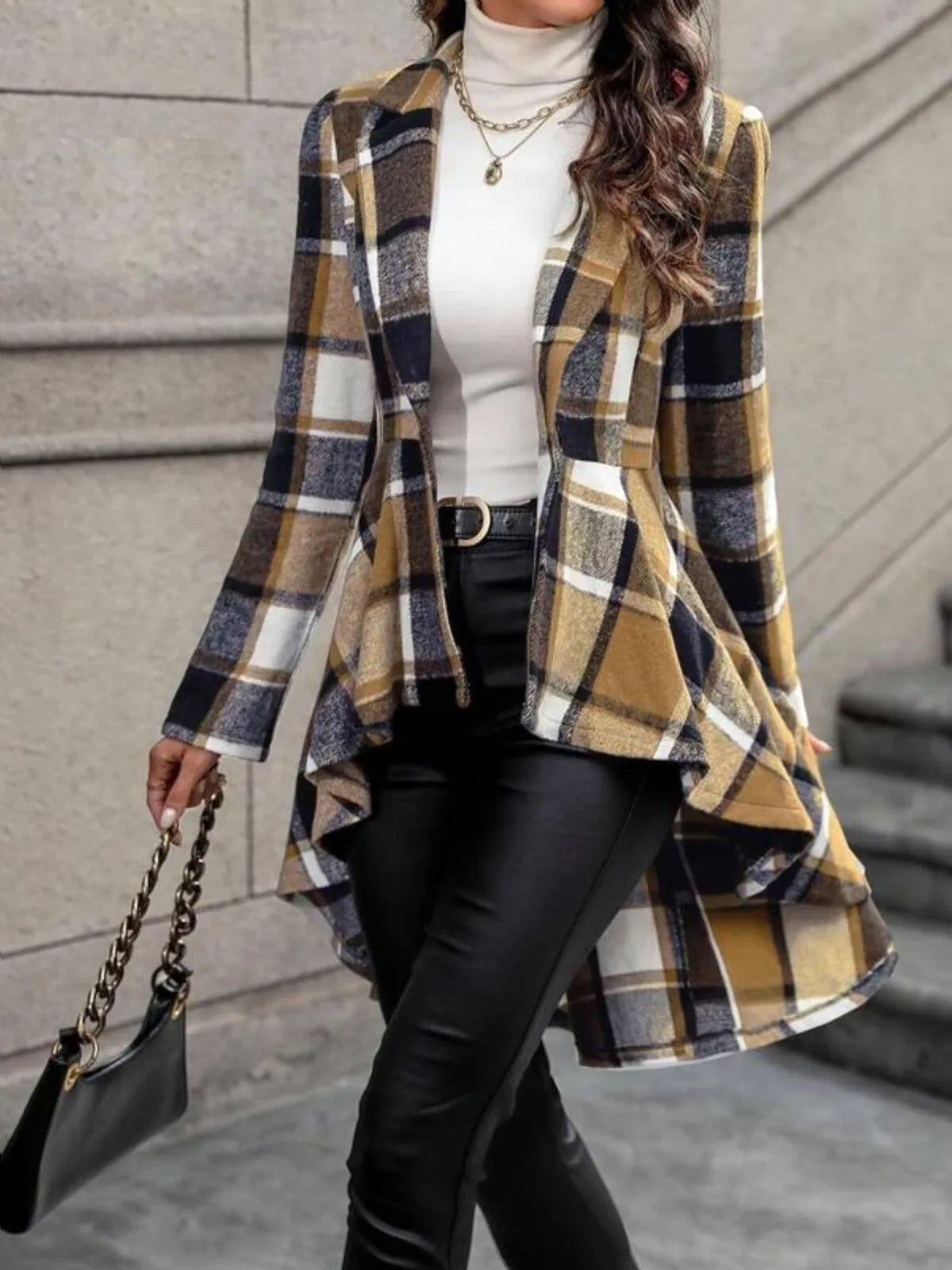 Gingham Plaid Asymmetrical Lapel High Low Hem Coat