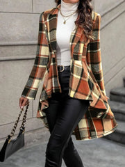 Gingham Plaid Asymmetrical Lapel High Low Hem Coat
