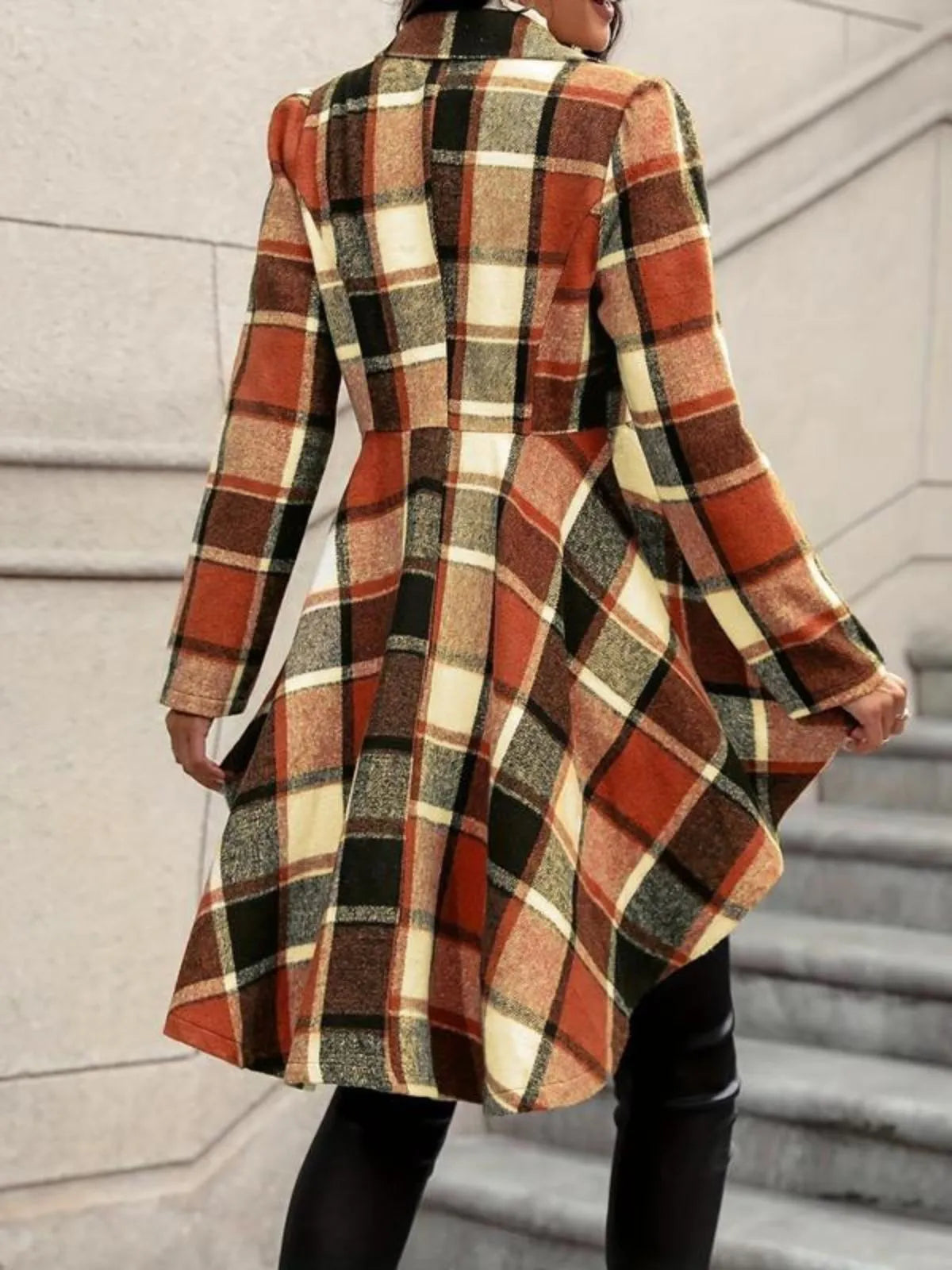 Gingham Plaid Asymmetrical Lapel High Low Hem Coat
