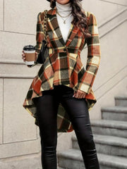 Gingham Plaid Asymmetrical Lapel High Low Hem Coat