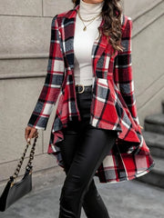 Gingham Plaid Asymmetrical Lapel High Low Hem Coat