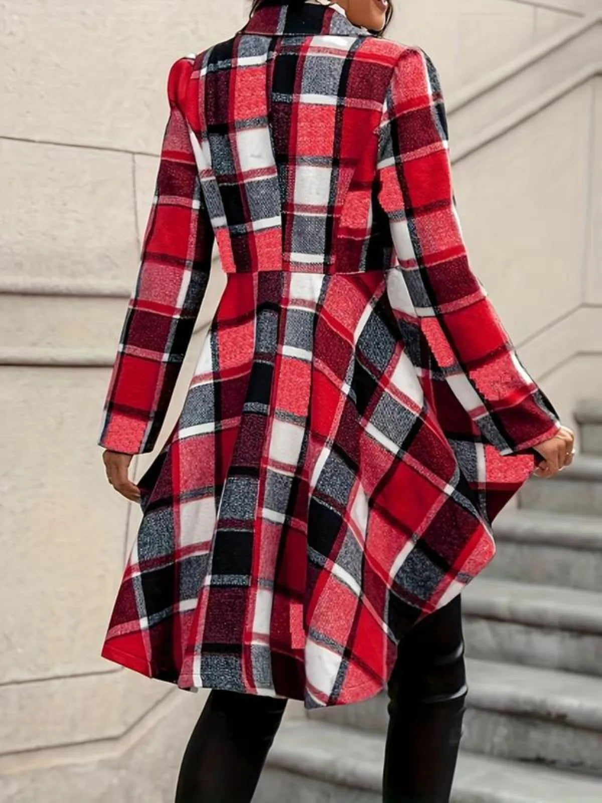Gingham Plaid Asymmetrical Lapel High Low Hem Coat
