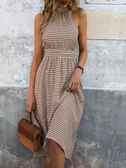 Gingham Plaid Button High Neck Sleeveless A-line Dress