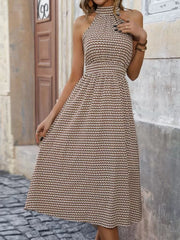 Gingham Plaid Button High Neck Sleeveless A-line Dress