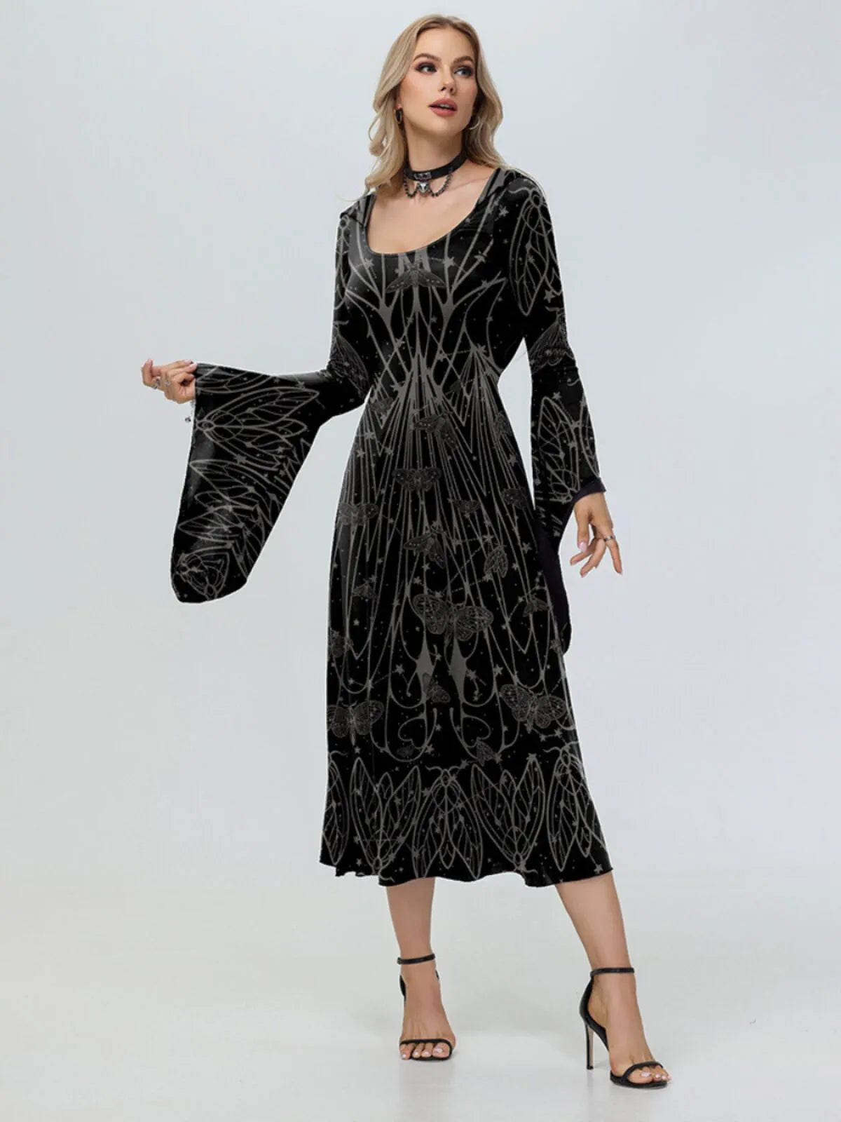 Gingham Insect Moth Halloween Dark Style Plaid Hooded Flare Sleeve A-line Dress
