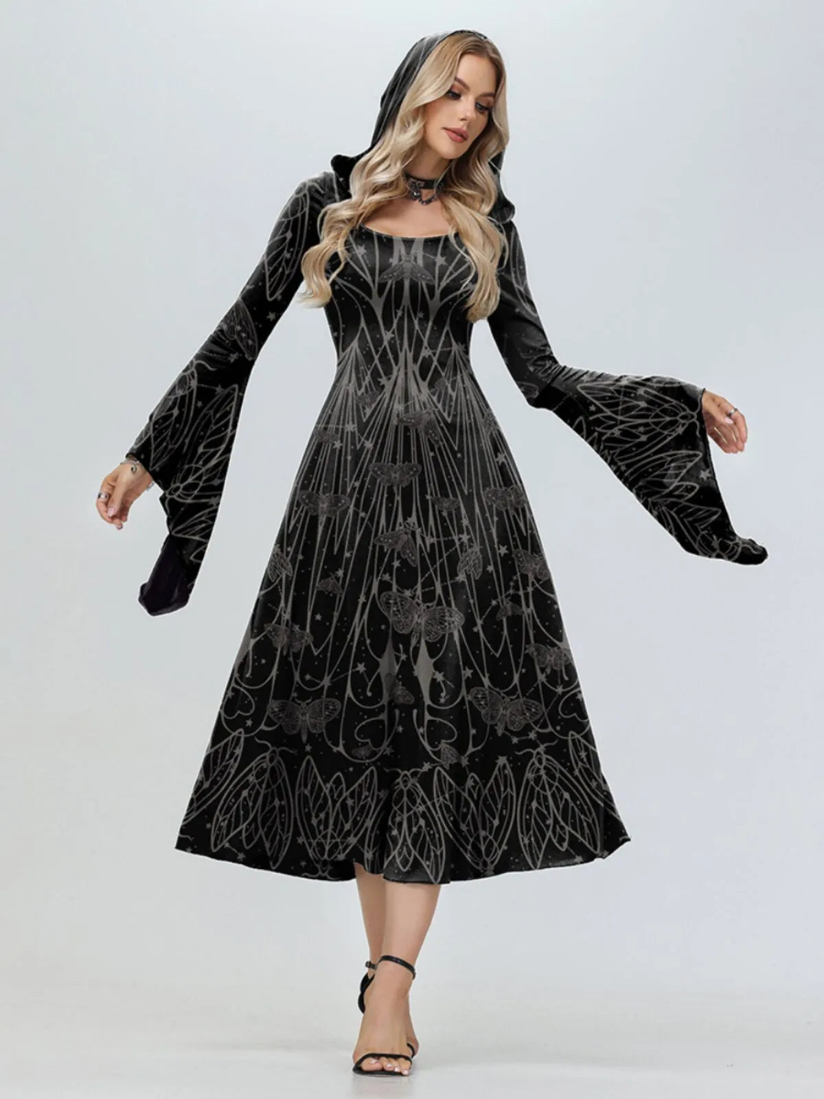 Gingham Insect Moth Halloween Dark Style Plaid Hooded Flare Sleeve A-line Dress