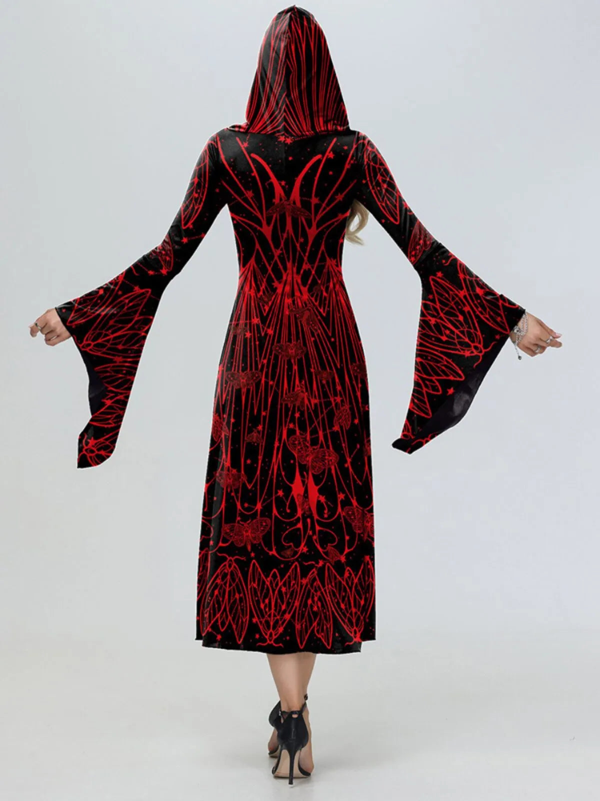 Gingham Insect Moth Halloween Dark Style Plaid Hooded Flare Sleeve A-line Dress