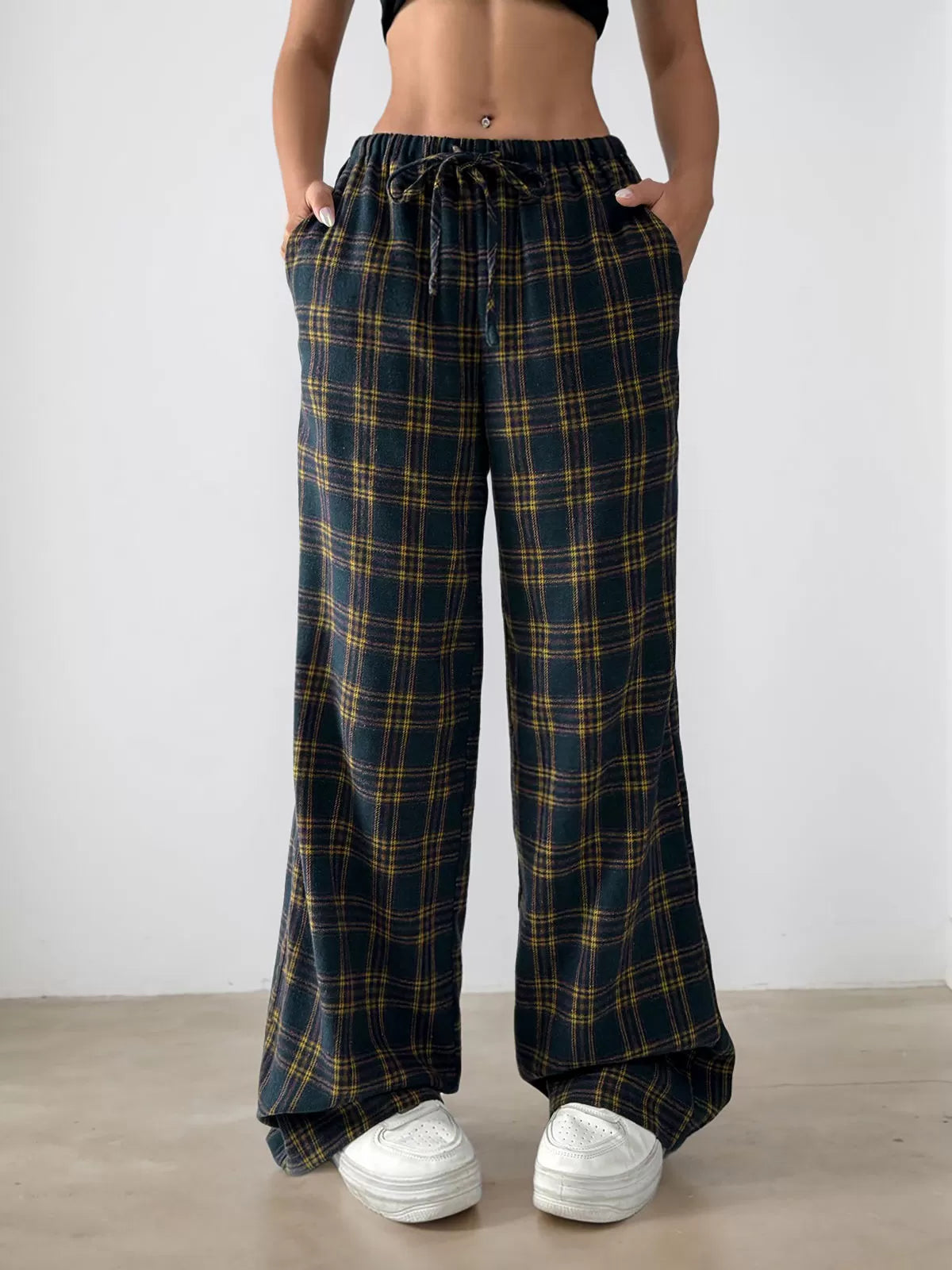Gingham Plaid Knot Medium Rise Elastic Waist Palazzo Pants