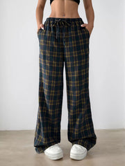 Gingham Plaid Knot Medium Rise Elastic Waist Palazzo Pants