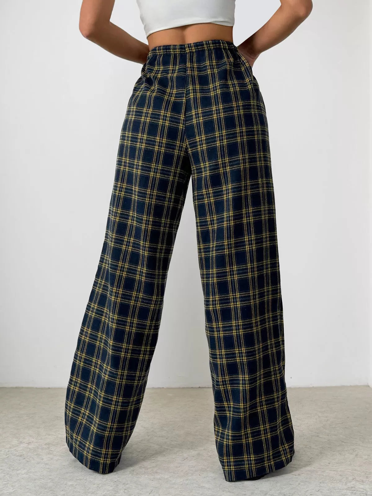 Gingham Plaid Knot Medium Rise Elastic Waist Palazzo Pants
