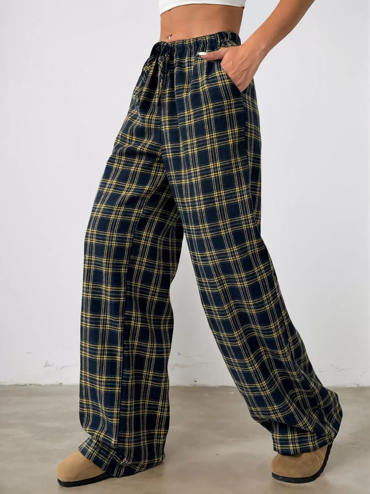 Gingham Plaid Knot Medium Rise Elastic Waist Palazzo Pants