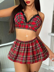 3pcs Set Gingham Plaid Lace Sexy Lingerie