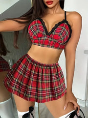 3pcs Set Gingham Plaid Lace Sexy Lingerie