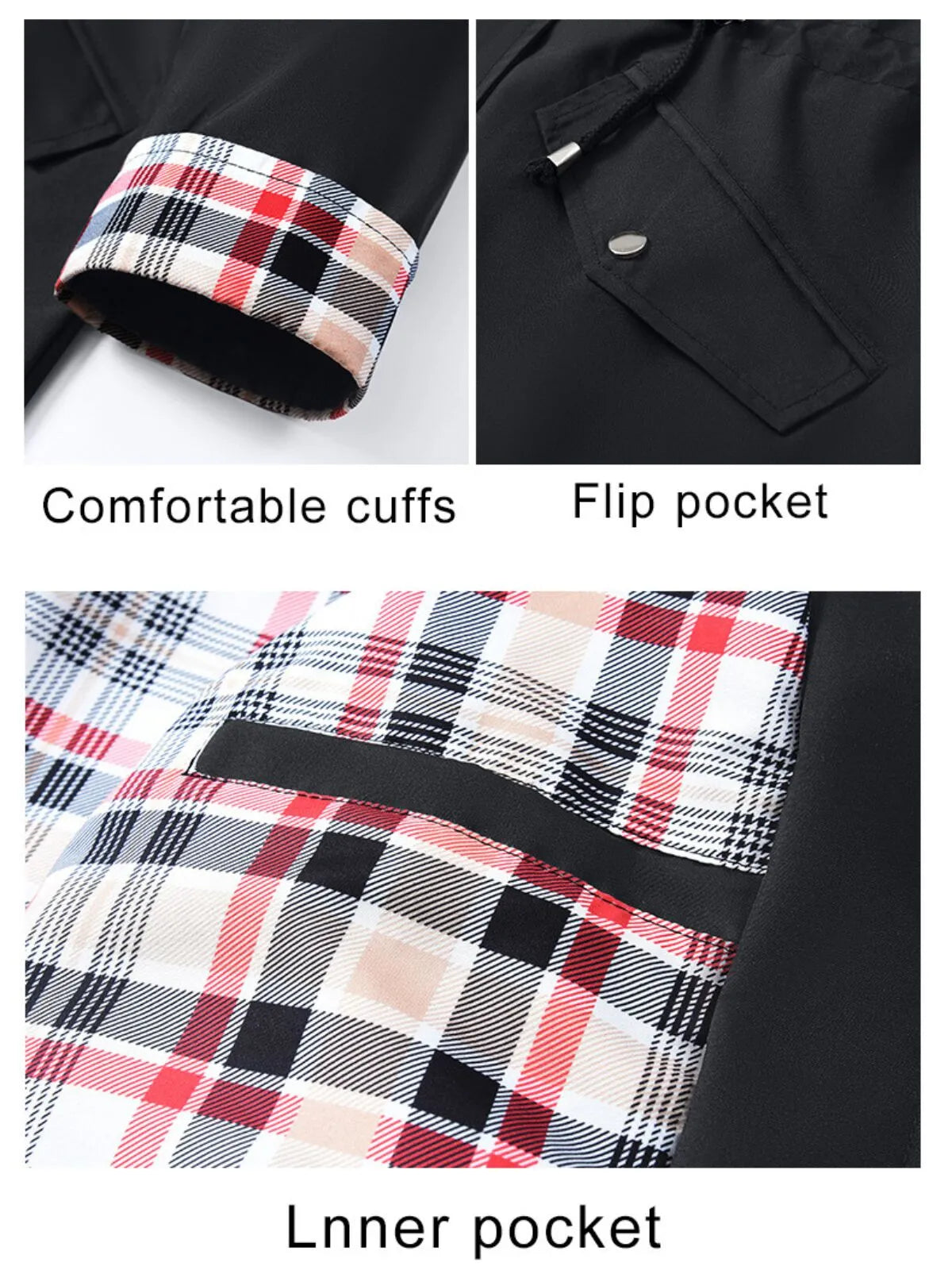 Gingham Plaid Lace-up Drawstring Zip Up Hooded Trench Coat Casual Long Sleeve Waterproof Jacket
