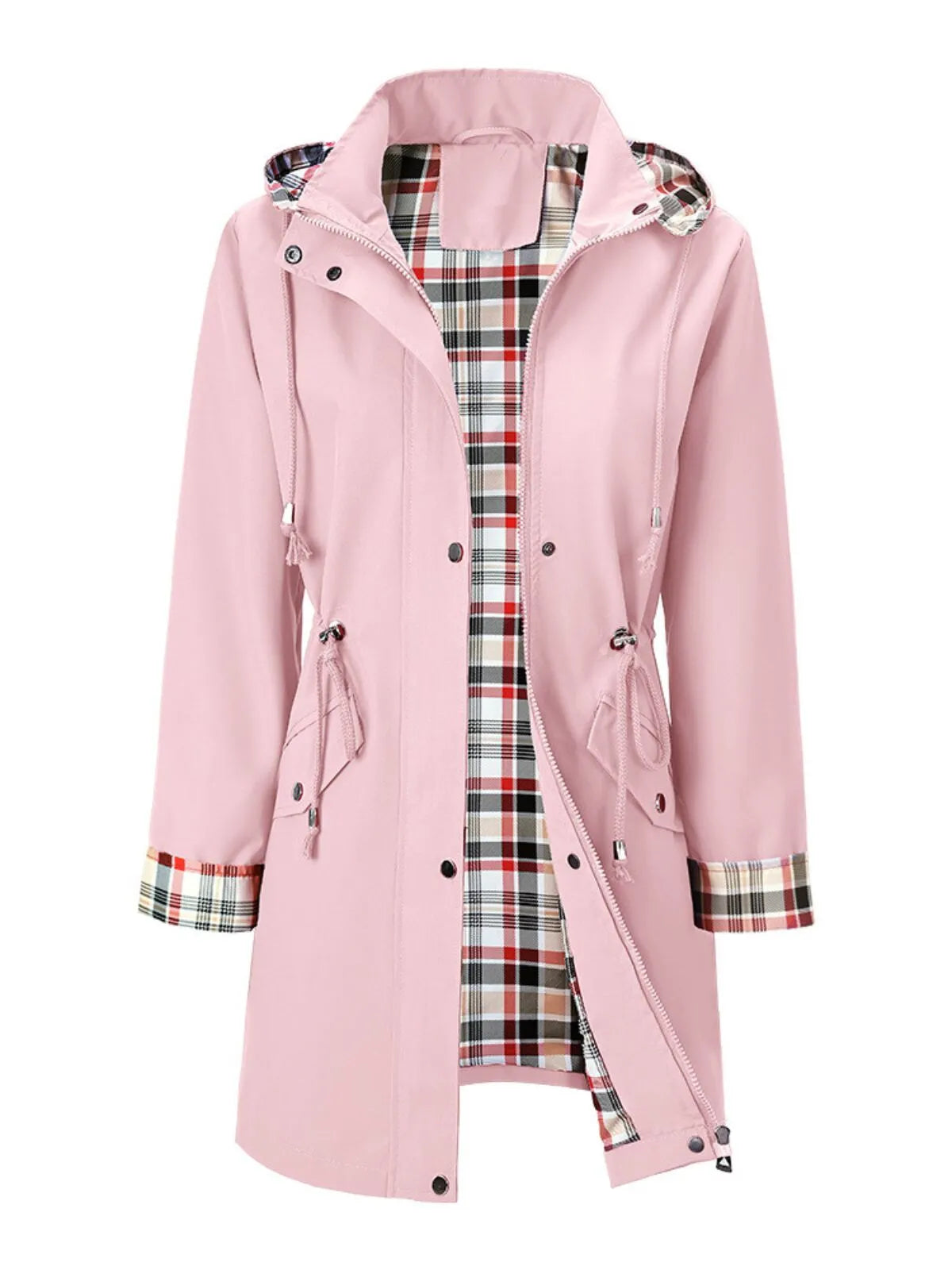 Gingham Plaid Lace-up Drawstring Zip Up Hooded Trench Coat Casual Long Sleeve Waterproof Jacket