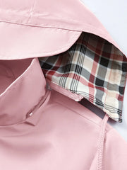 Gingham Plaid Lace-up Drawstring Zip Up Hooded Trench Coat Casual Long Sleeve Waterproof Jacket