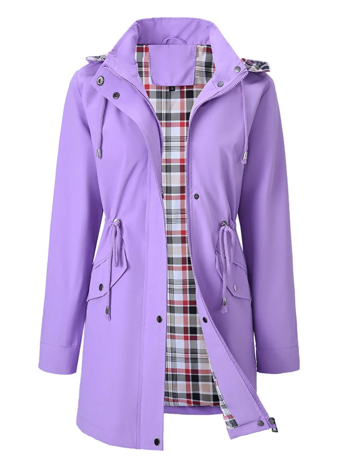 Gingham Plaid Lace-up Drawstring Zip Up Hooded Trench Coat Casual Long Sleeve Waterproof Jacket