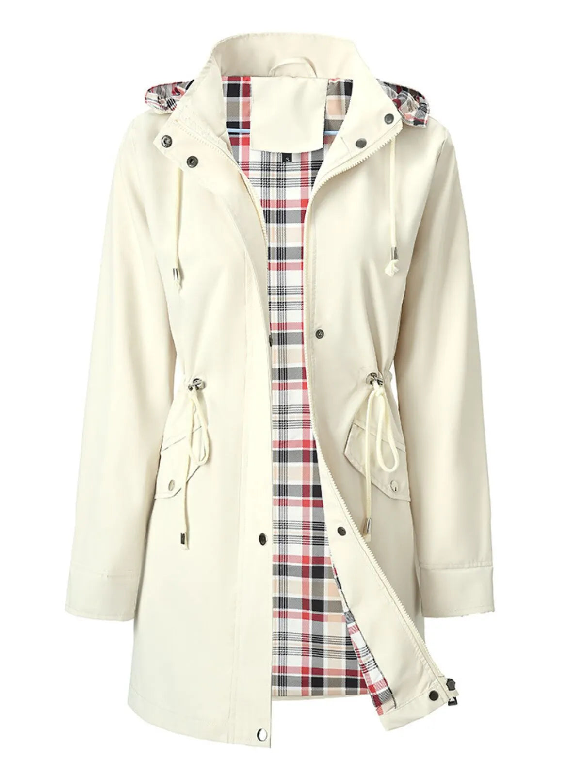 Gingham Plaid Lace-up Drawstring Zip Up Hooded Trench Coat Casual Long Sleeve Waterproof Jacket