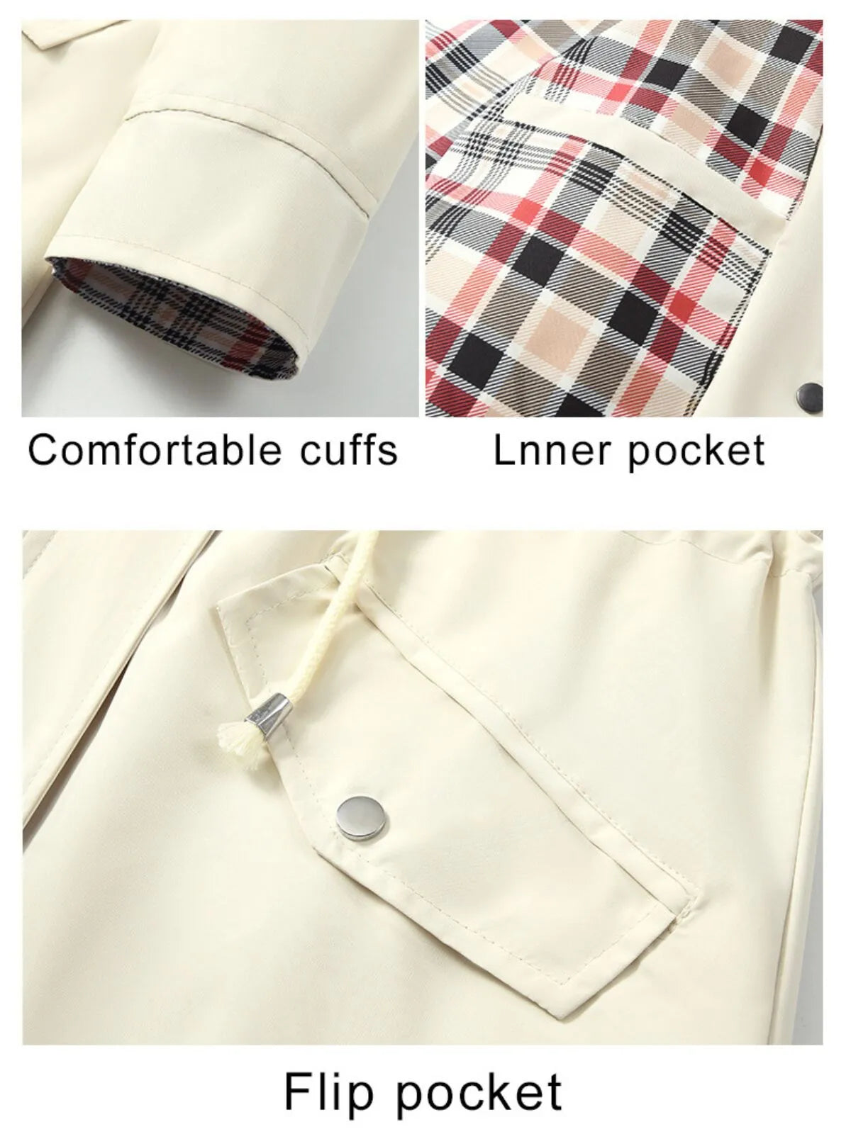 Gingham Plaid Lace-up Drawstring Zip Up Hooded Trench Coat Casual Long Sleeve Waterproof Jacket