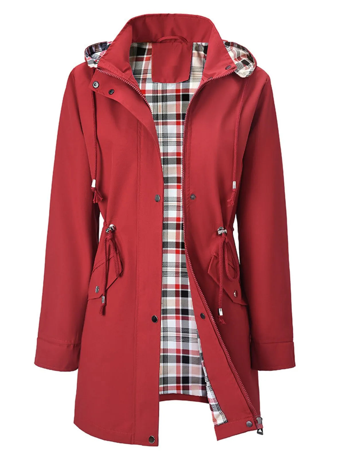 Gingham Plaid Lace-up Drawstring Zip Up Hooded Trench Coat Casual Long Sleeve Waterproof Jacket