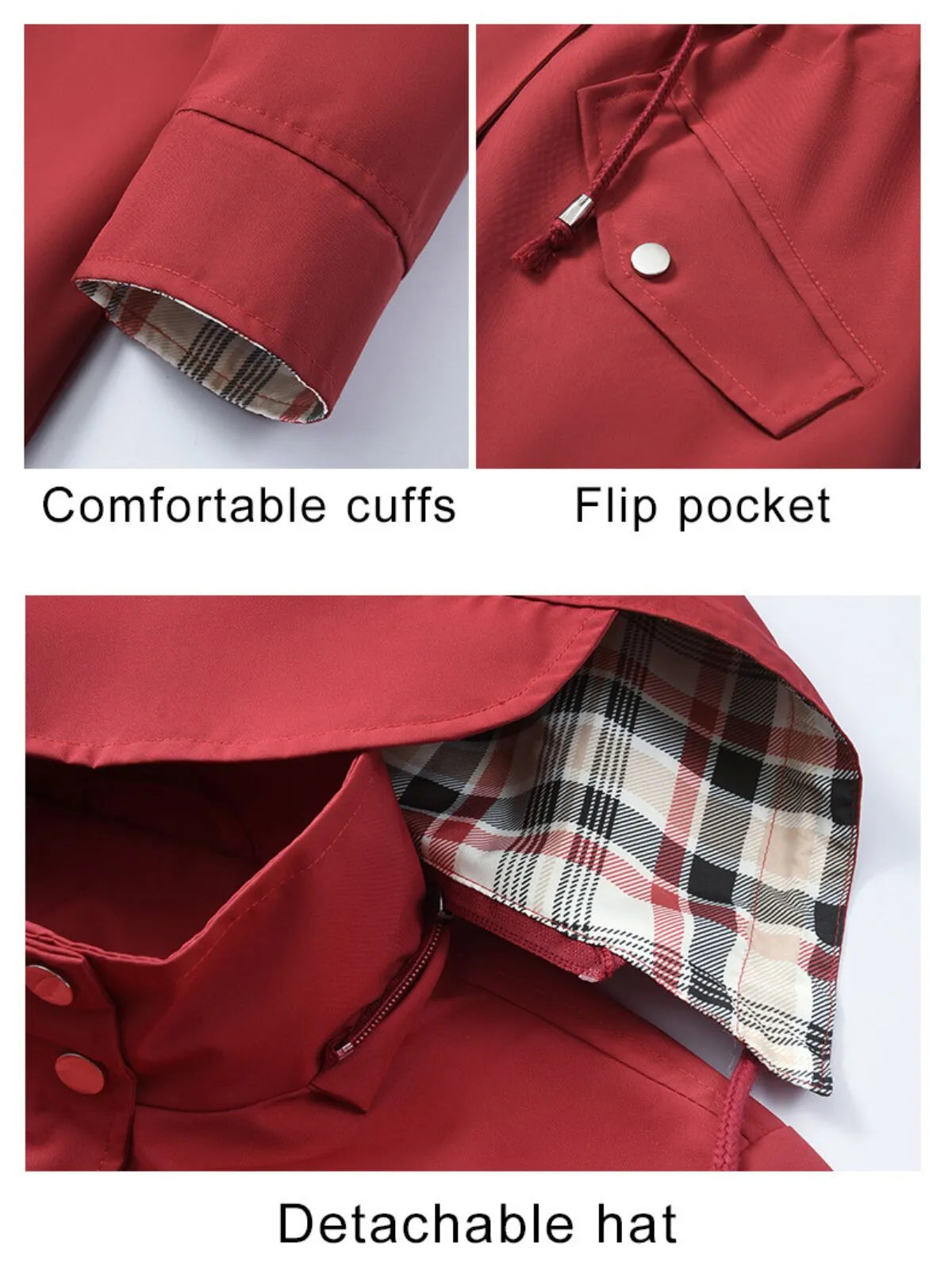 Gingham Plaid Lace-up Drawstring Zip Up Hooded Trench Coat Casual Long Sleeve Waterproof Jacket