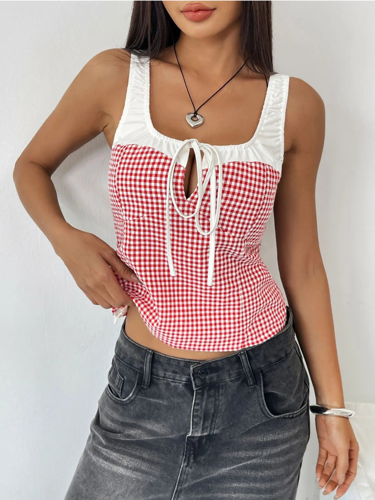 Gingham Plaid Lace-up Spaghetti Strap Cami