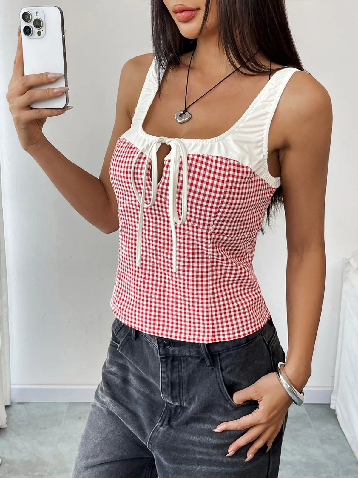 Gingham Plaid Lace-up Spaghetti Strap Cami