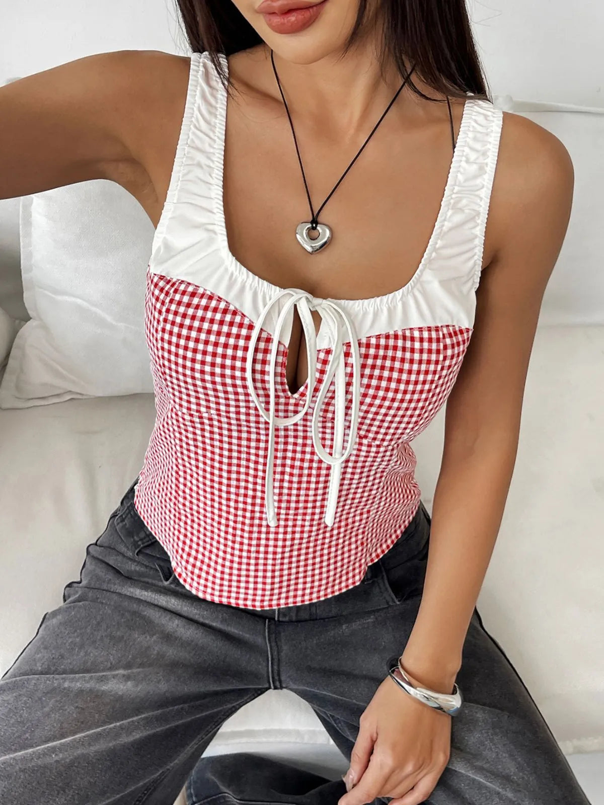 Gingham Plaid Lace-up Spaghetti Strap Cami