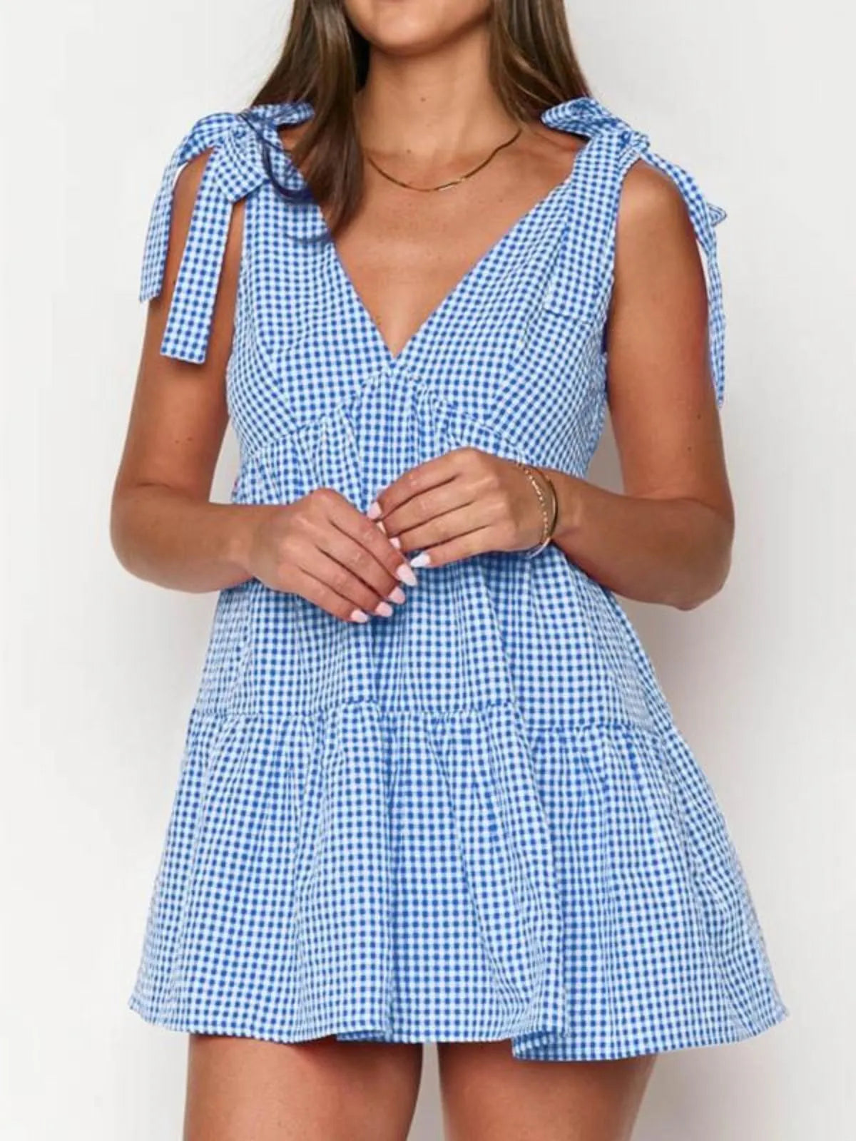 Gingham Plaid Lace-up V-neck Bow A-line Dress for Daily Holiday Vacation Wear
