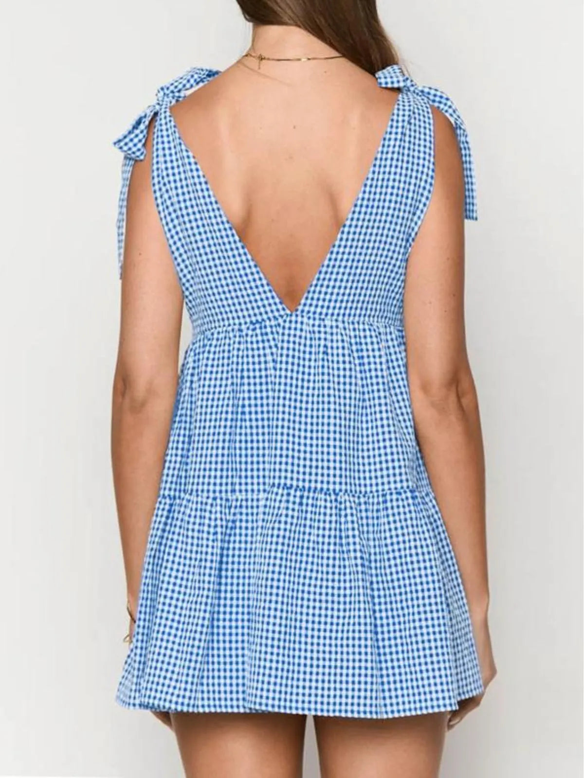 Gingham Plaid Lace-up V-neck Bow A-line Dress for Daily Holiday Vacation Wear