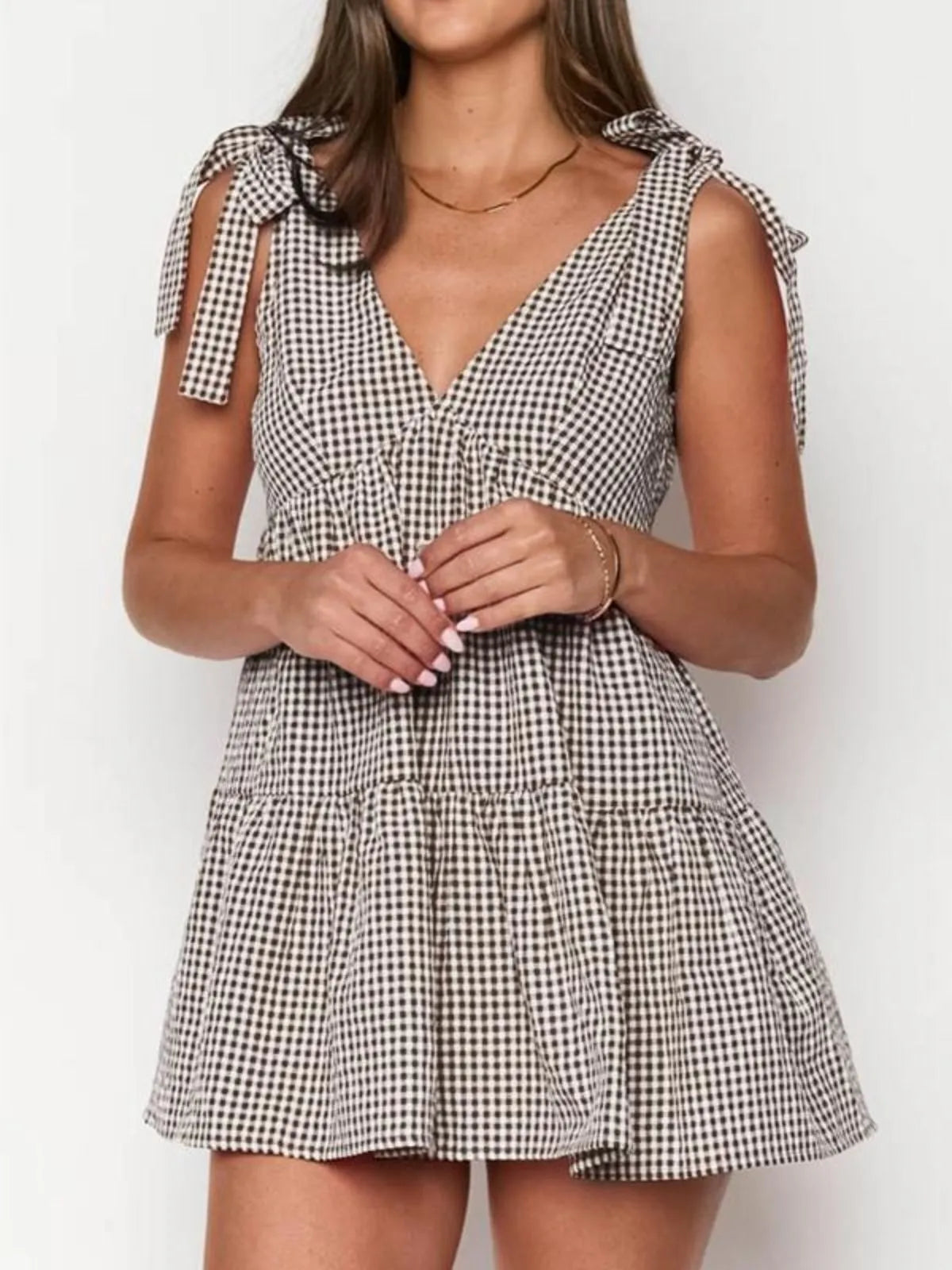 Gingham Plaid Lace-up V-neck Bow A-line Dress for Daily Holiday Vacation Wear