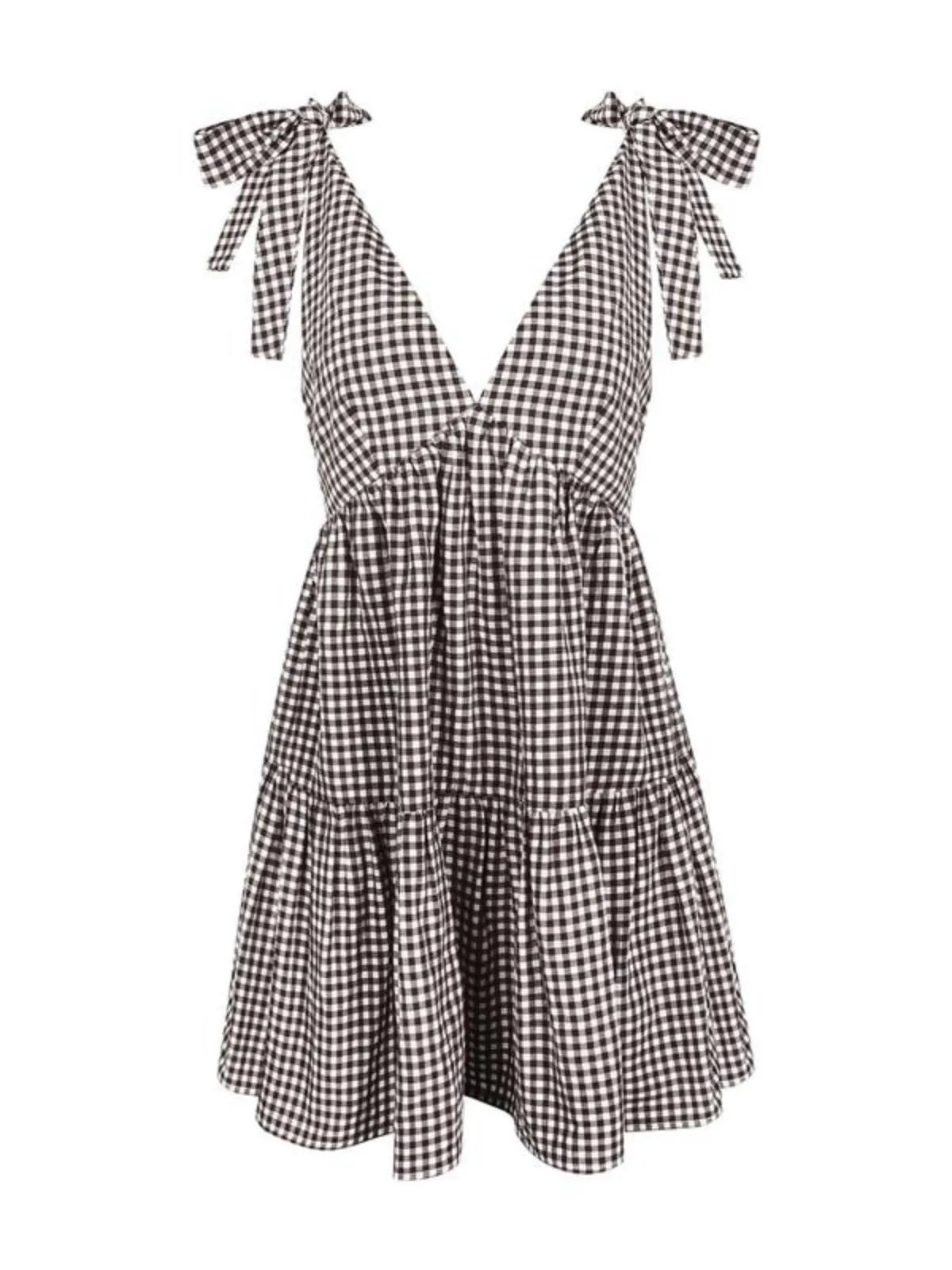 Gingham Plaid Lace-up V-neck Bow A-line Dress for Daily Holiday Vacation Wear